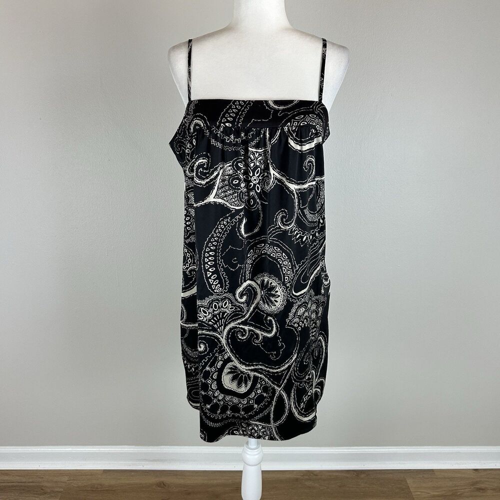 Express L Satin Black Paisley Babydoll Mini Cocktail Spaghetti Strap Y2K Shift